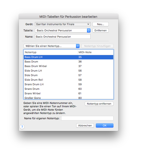 Dialogbox MIDI-Tabellen für Perkussion bearbeiten